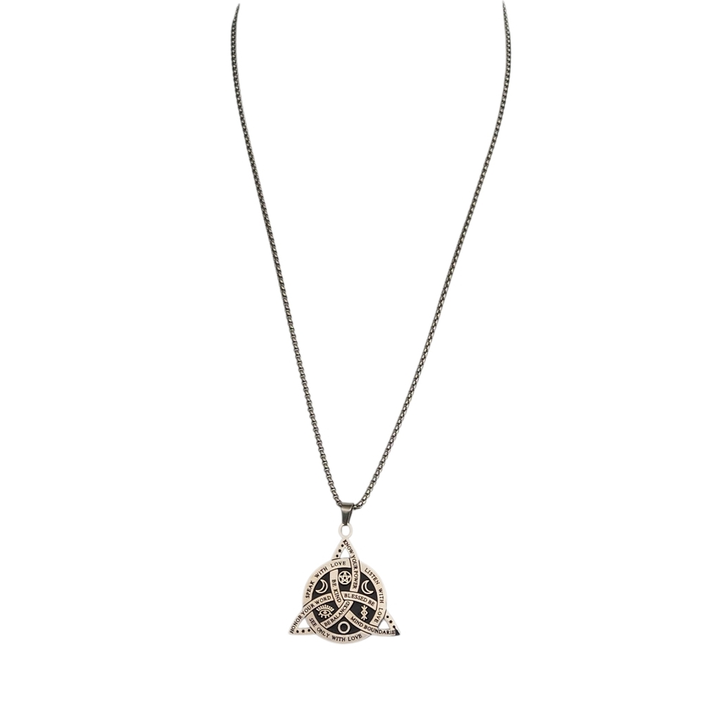 Stainless Steel Triquetra Pendant Necklace with Inspirational Engravings. - Picture 3 of 3